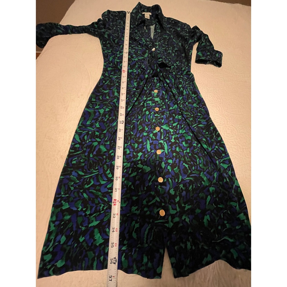 Cache Dress Women's Size M Blue Green Abstract Print Button Front Tie Waist Midi - Picture 7 of 7